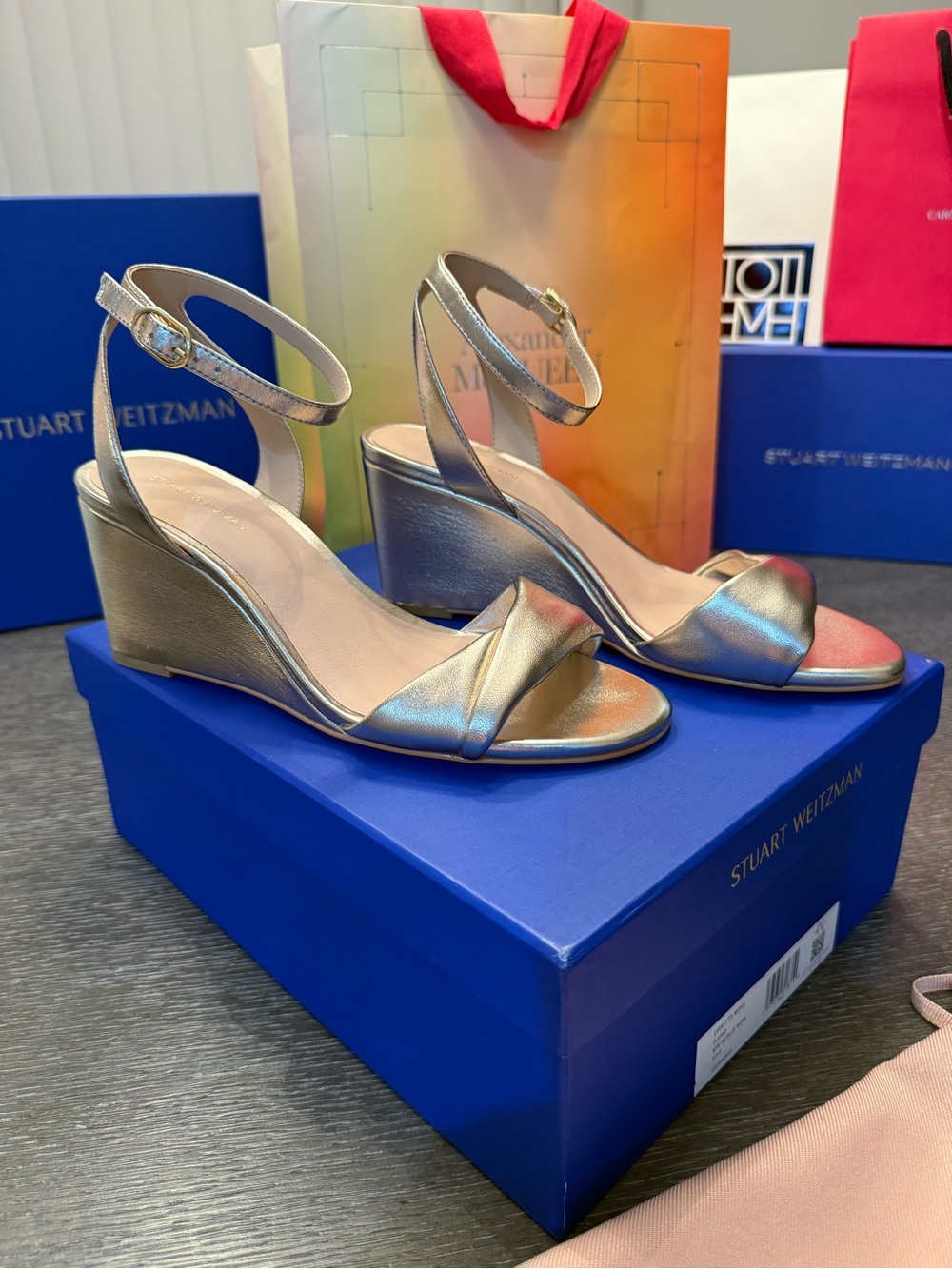 Stuart Weitzman Metallic Gold Ankle-Strap Wedge Espadrilles - Picture 8 of 8